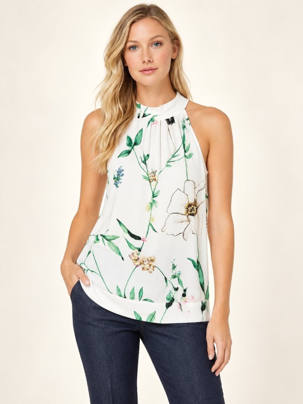 NWT White House Black Market Shirred Front Halter Top Springtime Lily XS